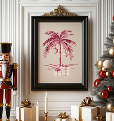 a nutcracker standing in front of a christmas tree with presents under it and a painting on the wall