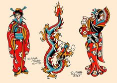 three different types of dragon and geisha