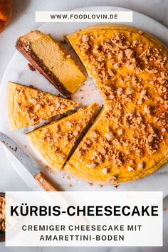 a cheesecake is cut into slices on a white plate with the words kurbis - cheesecake cremer cheesecake mit am martini - boden