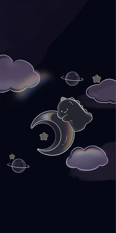 an image of the moon and clouds in the night sky with stars, crescents and bears