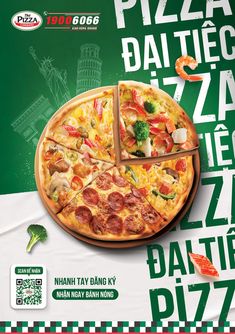 a pizza advertisement with different toppings on it's side, including broccoli and pepperoni