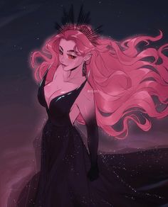 a woman with long pink hair standing in the water at night wearing a black dress