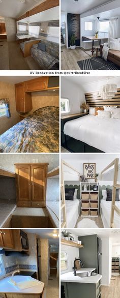 four pictures show different types of beds and furniture in an rv or camper trailer