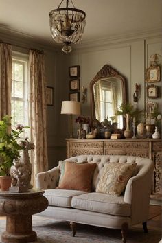 a living room filled with furniture and a chandelier hanging from the ceiling next to a window