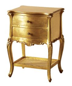 an image of a gold bedside table with drawer and shelf on the bottom, measurements