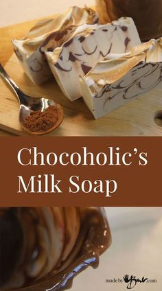 chocolate milk soap with spoon on wooden table