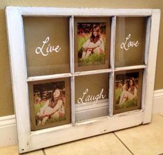 an old window with four photos in it and the words live, love, laugh