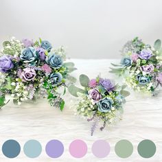 three bouquets of flowers are arranged on a white surface with color swatches below them