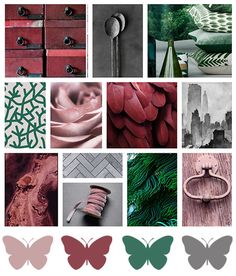 a collage of photos with different colors and designs on them, including butterflies, flowers, leaves, vases, etc