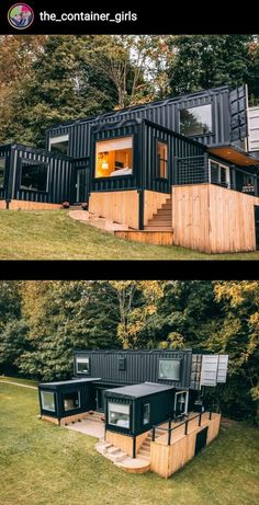 two pictures of the same house made out of shipping containers