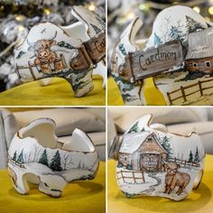 four different pictures of an animal figurine in the shape of a cow with a cabin on it