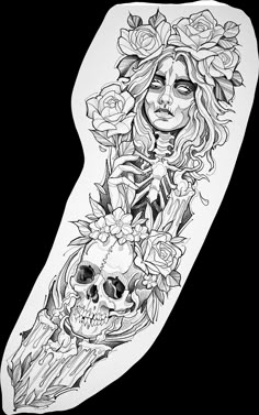 a woman with flowers and skulls on her arm