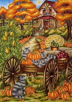 a painting of cats sitting on a wagon filled with pumpkins