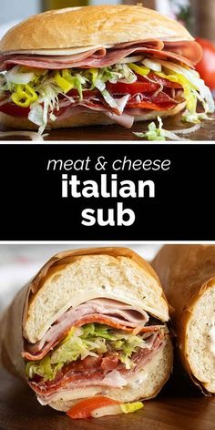 two sandwiches with meat and cheese on them