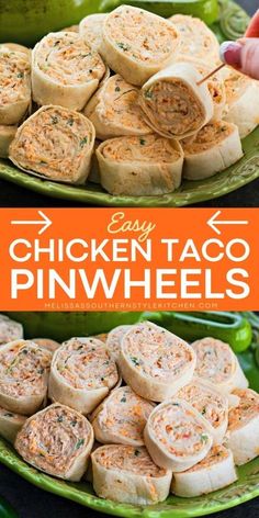 easy chicken taco pinwheels on a green platter