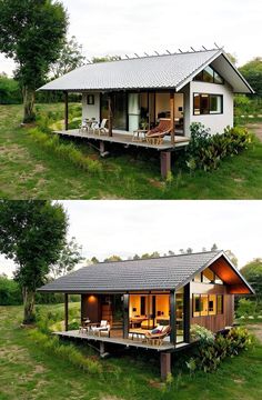 two pictures of a small house in the grass