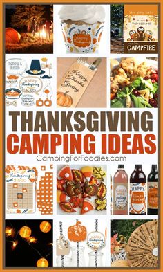 a collage of thanksgiving camping ideas with pumpkins, candles and other things in the background