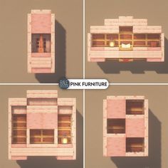 four different views of the inside of a pink furniture unit, including windows and shelves