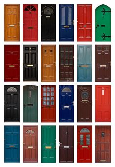 many different colored doors on white background