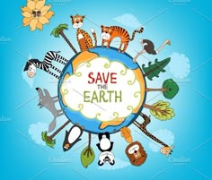 save the earth poster with animals and plants on blue background - stock photo - images