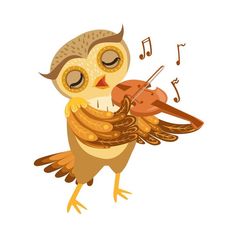 an owl playing the violin with music notes