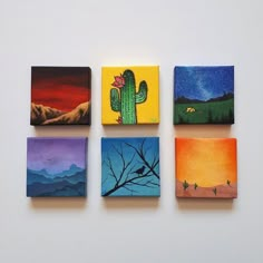 four small paintings of cactuses and mountains in different colors on canvases, each painted with acrylic paint