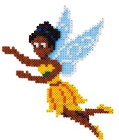 a cross stitch pattern of a fairy with blue wings and yellow dress, flying through the air