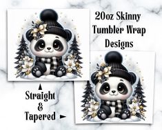 two pictures of a panda bear with flowers on it's head and the words, 20 skinnyy tumbler wrap designs