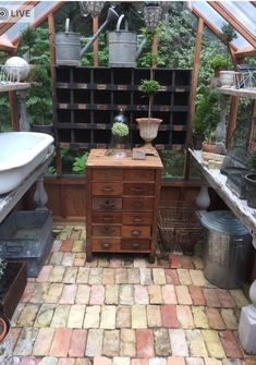 a room filled with lots of potted plants next to a sink and window sill