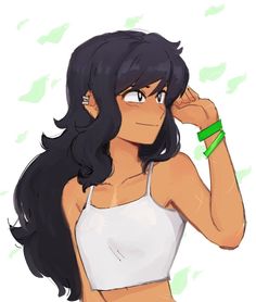 a drawing of a woman with long black hair and green bracelets on her wrist