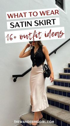 Styling A Black Satin Midi Skirt, Maxi Skirt Night Outfit, Cheetah Satin Skirt Outfit, How To Style Long Silk Skirt, Copper Silk Skirt Outfit, How To Style Long Satin Skirt, Cream Satin Maxi Skirt Outfit, Brown Silk Maxi Skirt Outfit, Wedding Guest Satin Skirt