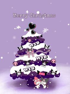 a purple christmas tree with cartoon animals on it's top and the words merry christmas written