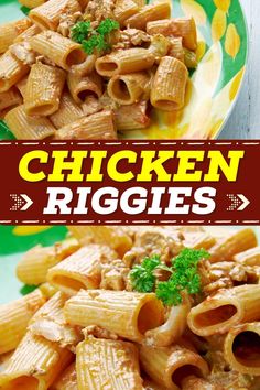 chicken rigani pasta on a green and yellow plate with the words chicken rigani above it