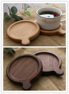 two pictures of wooden coasters with coffee cup and saucer