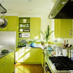 a kitchen with green cabinets and stainless steel appliances