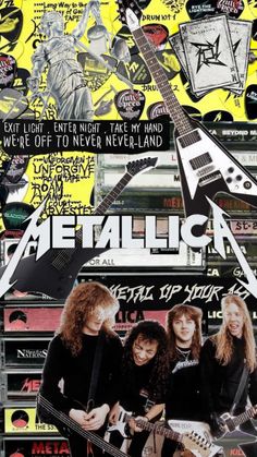 an advertisement for metallicica featuring the band's guitarists and their guitar strings