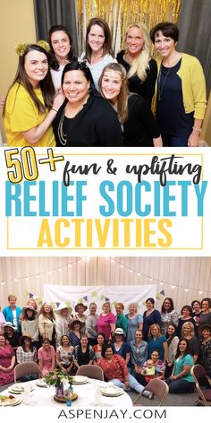 a group of women posing for a photo with the words 50 fun and updating relief society