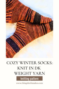 the knitting pattern for cozy winter socks knit in dk weight yarn is shown here