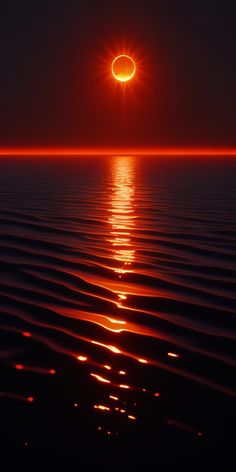 the sun shines brightly in the sky over water with ripples on it's surface