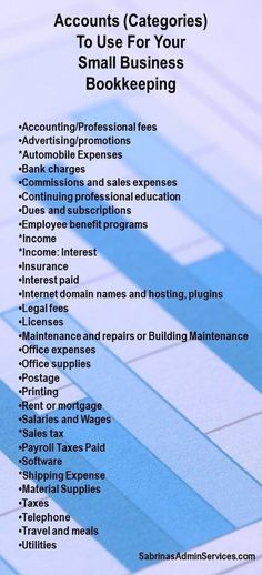 a blue and white checkered background with the words, accounts catgorres to use for your small business bookkeepering