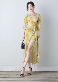 ★★FEATURES polyester fabric wrap dress with string tie on one side v neckline 3/4 length sleeves yellow floral dress with ruffle hemline Perfect for Summer ★★ Bespoke Order Service If you Request other color Request the length Your height is not between 155 cm- 172 cm Your weight is over 75 kg I can do it for you, It will need some extra fee depending on on your need. Contact with me for more detail. ★★ Warmly Note: 1 ) : Please confirm your shipping address! If you wish to ship the item to a di Chiffon V-neck Maxi Dress With Tie Waist, Flowy Summer V-neck Dress With Tie Waist, Summer Flowy V-neck Dress With Tie Waist, Spring Flowy Wrap Maxi Dress, Flowy Wrap Maxi Dress For Spring, Yellow Chiffon V-neck Maxi Dress, Summer Chiffon V-neck Midi Dress, Summer Chiffon V-neck Dress With Surplice Neckline, Elegant Yellow V-neck Dress For Spring