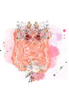 an orange and pink painting with flowers on it's head, in the shape of a brain