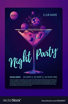 a night party flyer with a martini glass and planets on the rim, in purple tones