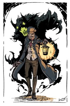 a drawing of a man in a coat and hat holding a lantern next to a demon