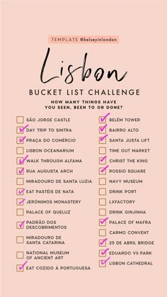 a list with pink and black writing on it that says,'l - shop bucket list challenge '