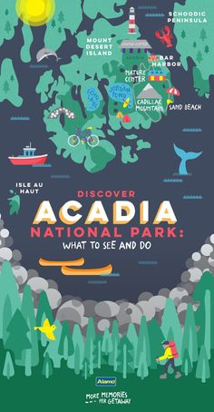 a poster with the words acadia national park written in different languages on it