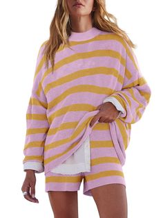 PRICES MAY VARY. LOUNGEWEAR SET-The soft, warm knit fabric of these lounge sets for women makes pajamas for women set ideal for layering or wearing on their own. Two piece loungewear sets are incredibly comfortable and fashionable SWEATER SET-The top of the casual outfits for women features a scoop neck, dropped shoulders, dolman sleeves, and an oversized style. Womens trousers of lounge sets for women 2 piece with a ribbed waistband and effortless pull-on style SIZE-This womens loungewear set i Lounge Outfit, Cropped Pullover, Matching Pajamas, Sweater Set, Lounge Sets, Striped Sweater, Look Cool, Haiti, Striped Long Sleeve