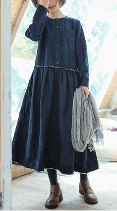 Elegant Women Cotton Linen Blue Maxi Dresses For Fall Fitted Blue Long Sleeve Dress For Spring, Blue Long Maxi Dress For Fall, Navy Cotton Midi Dress For Spring, Cotton Long Sleeve Midi Dress, Casual Long Blue Maxi Dress, Casual Blue Relaxed Fit Maxi Dress, Casual Blue Maxi Dress With Relaxed Fit, Casual Blue Long Sleeve Dress, Blue A-line Maxi Dress For Fall