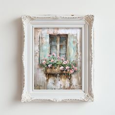 an old window box with flowers in it is mounted on the wall next to a white frame