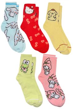 SANRIO HELLO KITTY Ladies 5 Pair Of Crew Socks Shoe Size 4-10, Sock Size 9-11 With SOFT FUZZY HELLO KITTY, POMPOMPURIN, KEROPPI, MY MELODY & CINNAMOROLL 98% Polyester, 2% Spandex High Point Design Brand Hello Kitty Pompompurin, Kuromi Clothes, Melody Cinnamoroll, Point Design, Tea Towel Gift, Disney Dogs, Crazy Socks, Crazy Dog, Novelty Socks